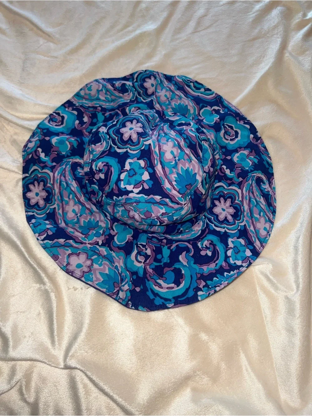 Girls Blue Floral Wide-Brim Sun Hat